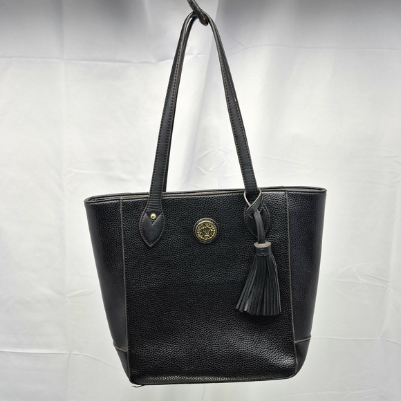 Anne Klein Handbags - Anne Klein Black Faux Leather Lion Logo Tassel Tote Bag